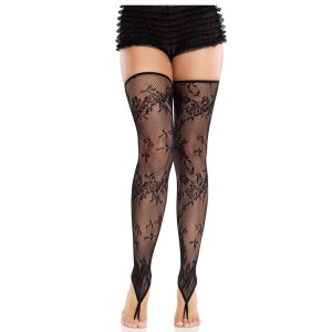 LEG AVENUE - CALZE SENZA PIEDE IN PIZZO FLOREALE NERE